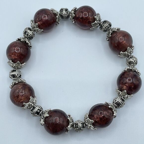 Bold Chunky Brown Glitter Foil Glass Murano Beaded Stretch Bracelet Boho - Picture 4 of 6